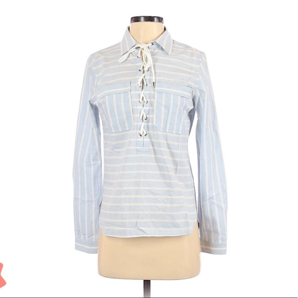 Saylor Blue White Striped Long Sleeve Blouse Womens Xs Lace Up Coastal Nautical